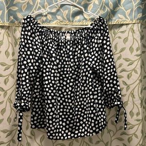 J. Crew Off Shoulder Top Navy Blue & White Dot Abstract Print 3/4 Sleeves
